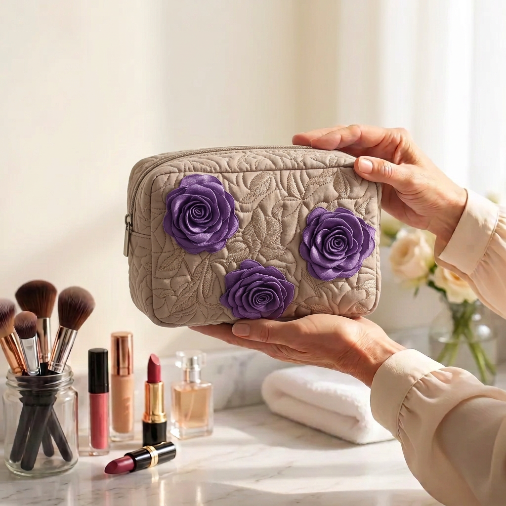 Trousse de maquillage matelassée Rose Enchantée tenue en main près de la coiffeuse