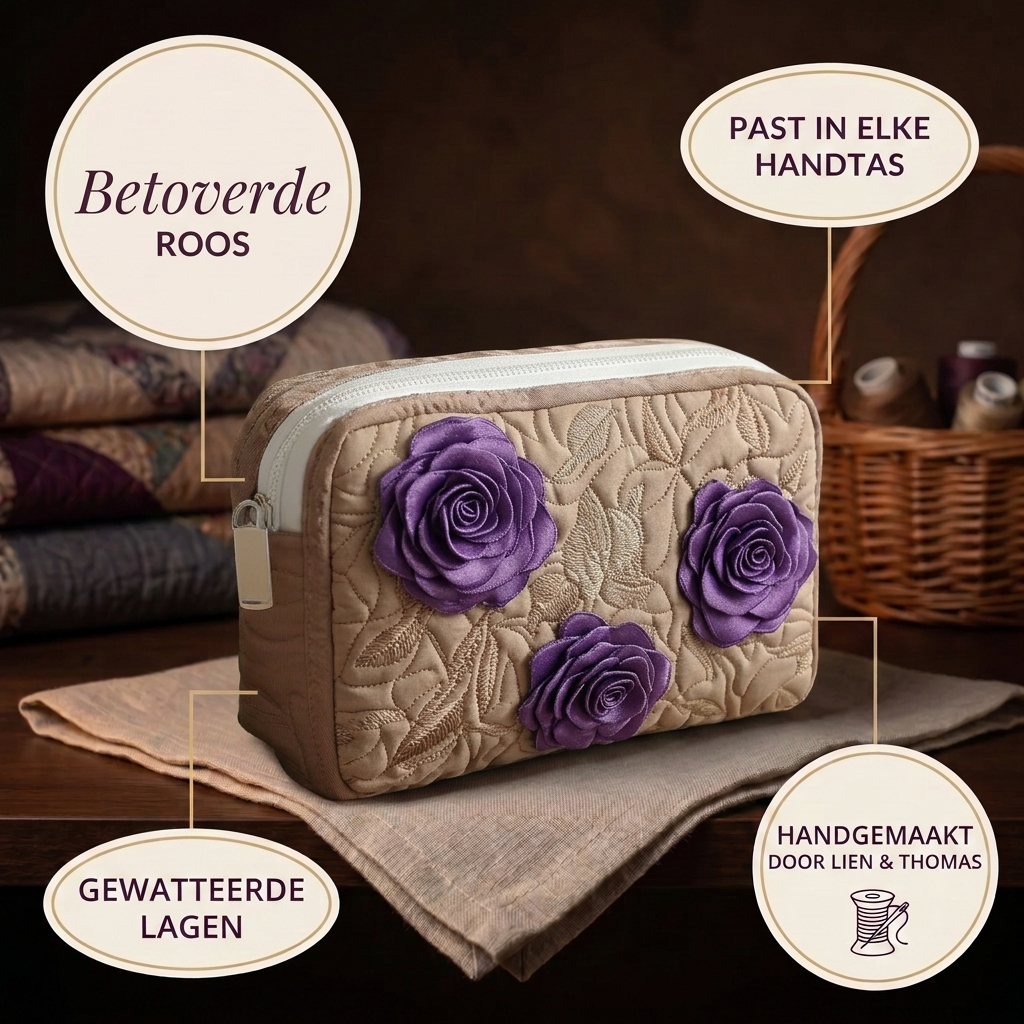 Trousse de maquillage matelassée Rose Enchantée en détail : tient dans tous les sacs, matelassée