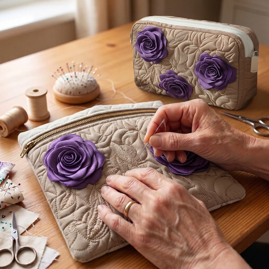 Tissu matelassé au motif Rose Enchantée en cours de couture