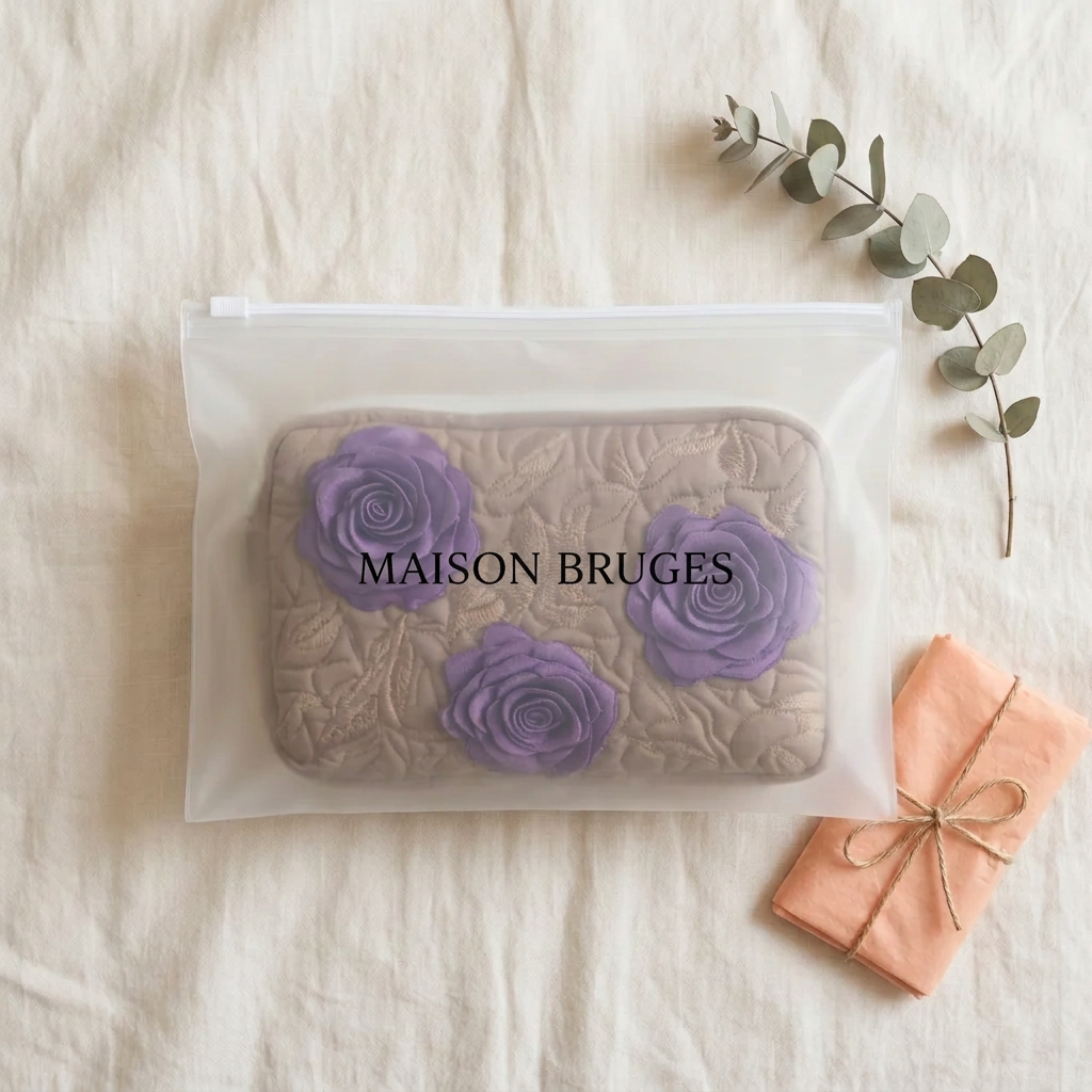Trousse de maquillage matelassée Rose Enchantée emballée dans une pochette Maison Bruges