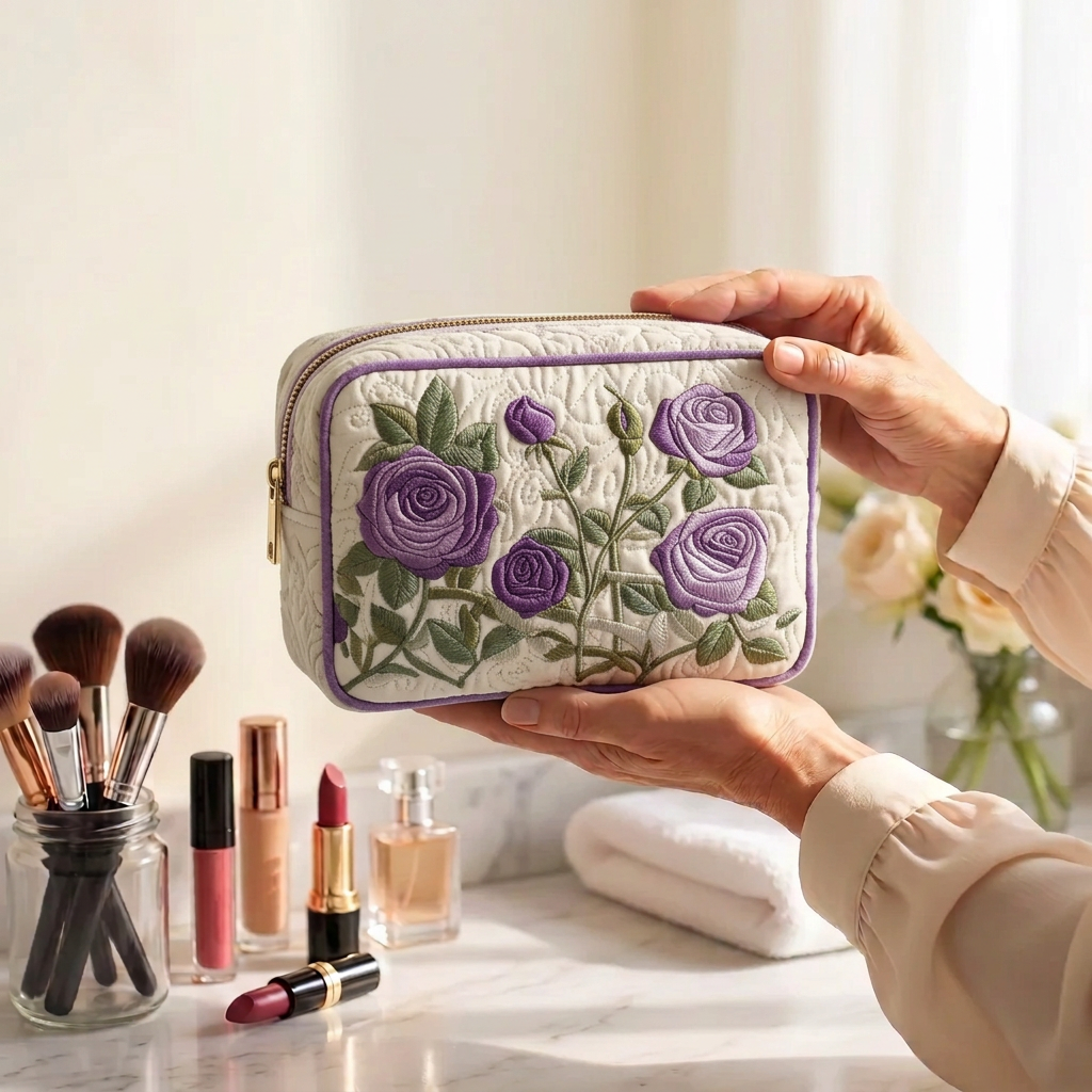 Trousse de maquillage matelassée Fleur au Clair de Lune tenue en main près de la coiffeuse