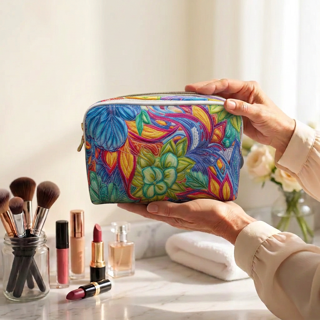 Trousse de maquillage matelassée Fleur et Liane tenue en main près de la coiffeuse