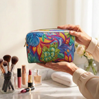 Trousse de maquillage matelassée Fleur et Liane tenue en main près de la coiffeuse