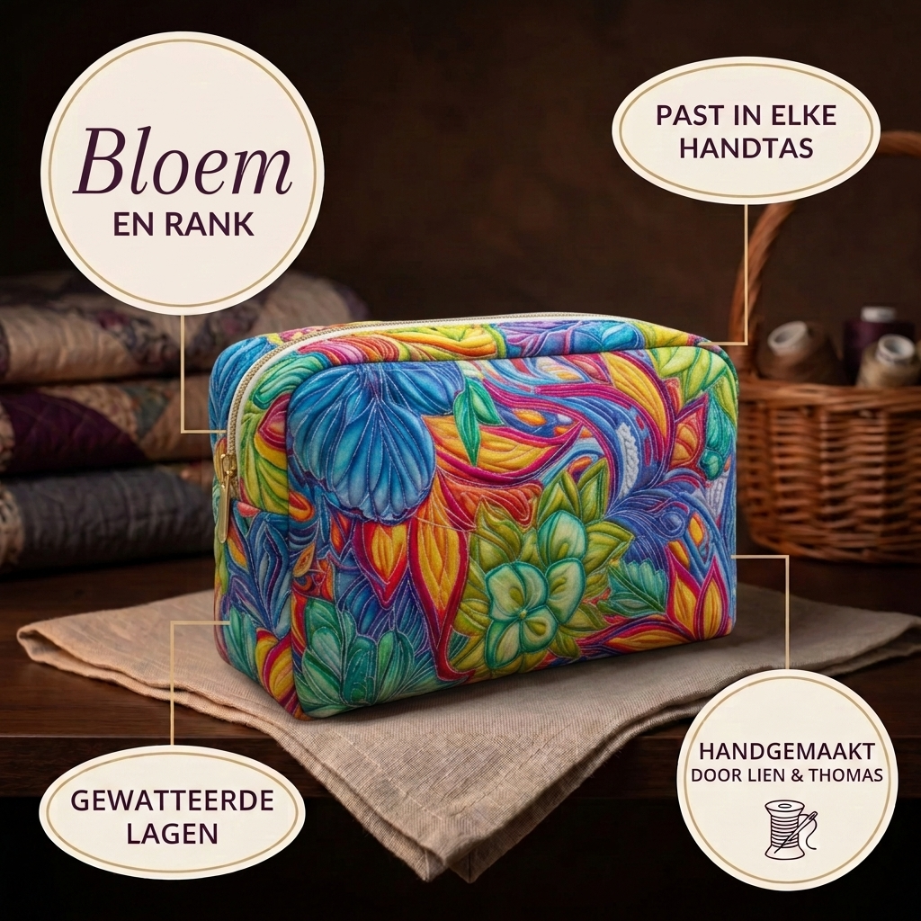 Trousse de maquillage matelassée Fleur et Liane en détail : tient dans tous les sacs, matelassée