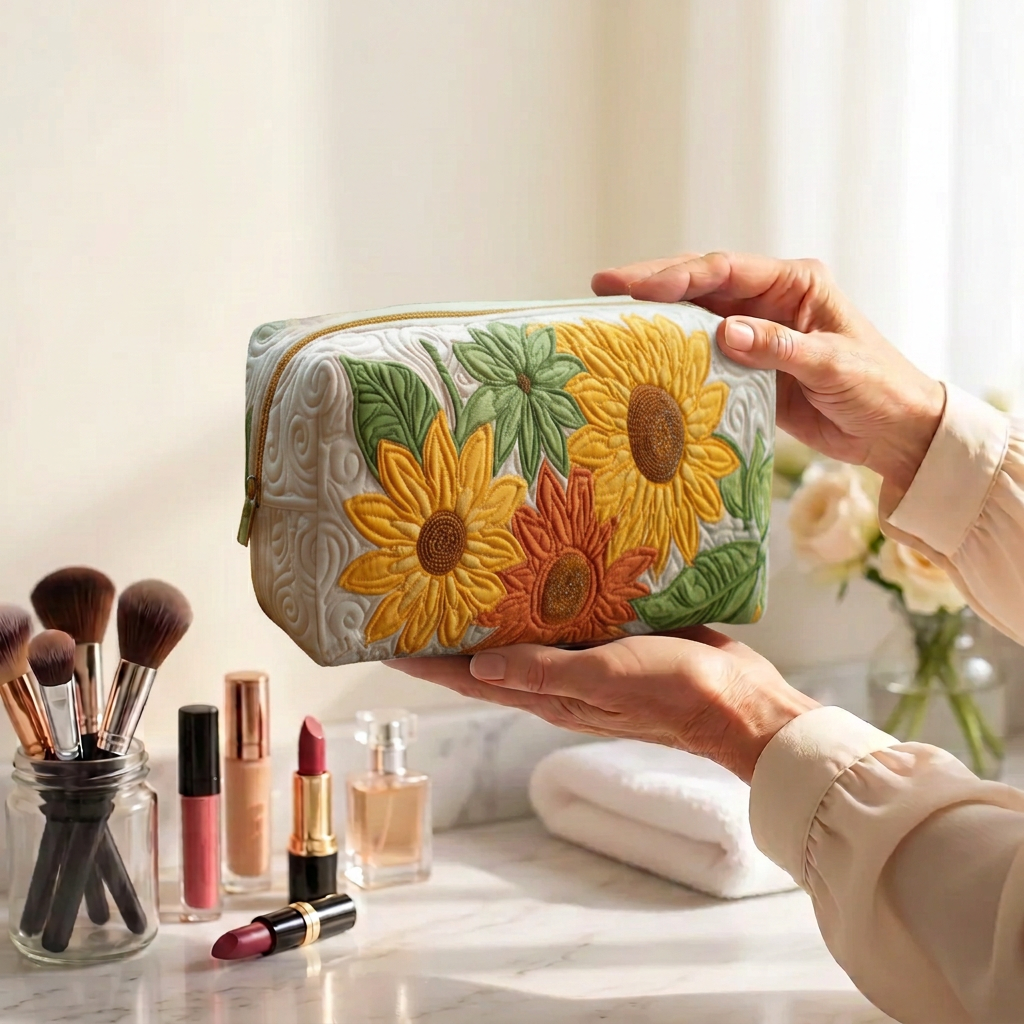 Trousse de maquillage matelassée Rêves de Pétales tenue en main près de la coiffeuse