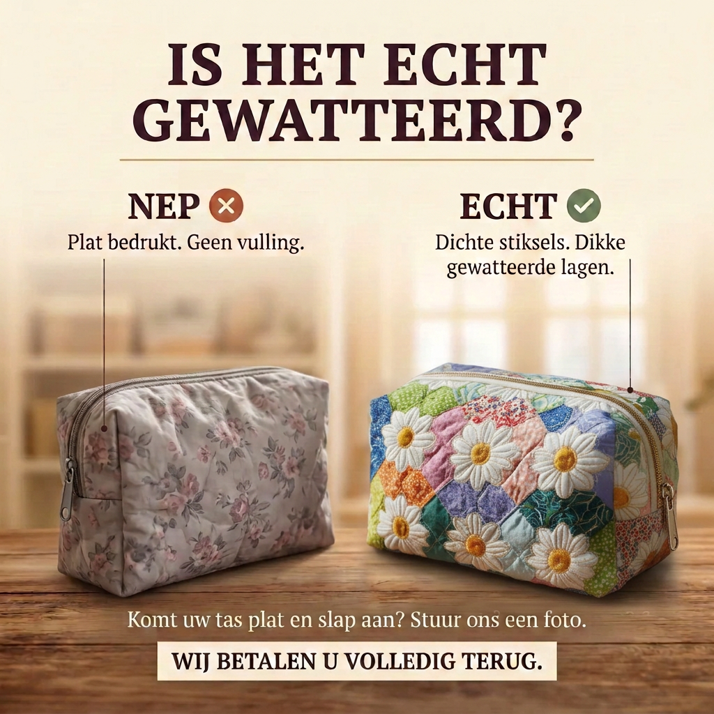Gewatteerde make-uptas Bloemblaadjespad: echt gewatteerd tegenover plat bedrukt