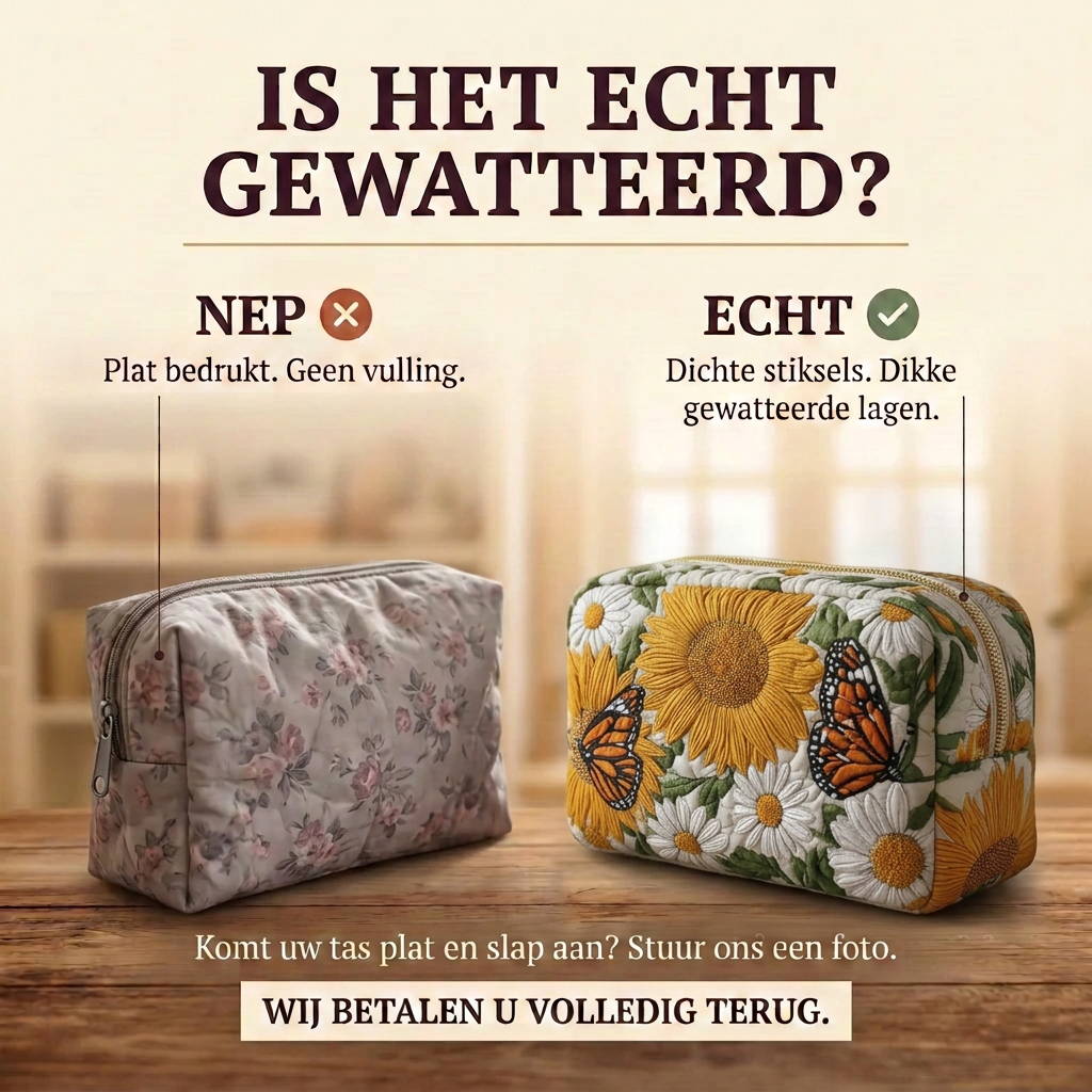 Gewatteerde make-uptas Bloemengloed: echt gewatteerd tegenover plat bedrukt