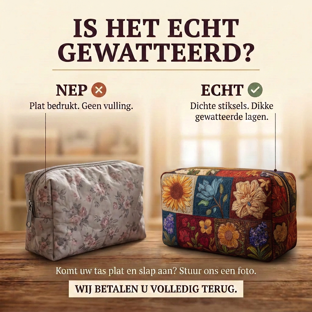 Gewatteerde make-uptas Bloemenpatchwork: echt gewatteerd tegenover plat bedrukt