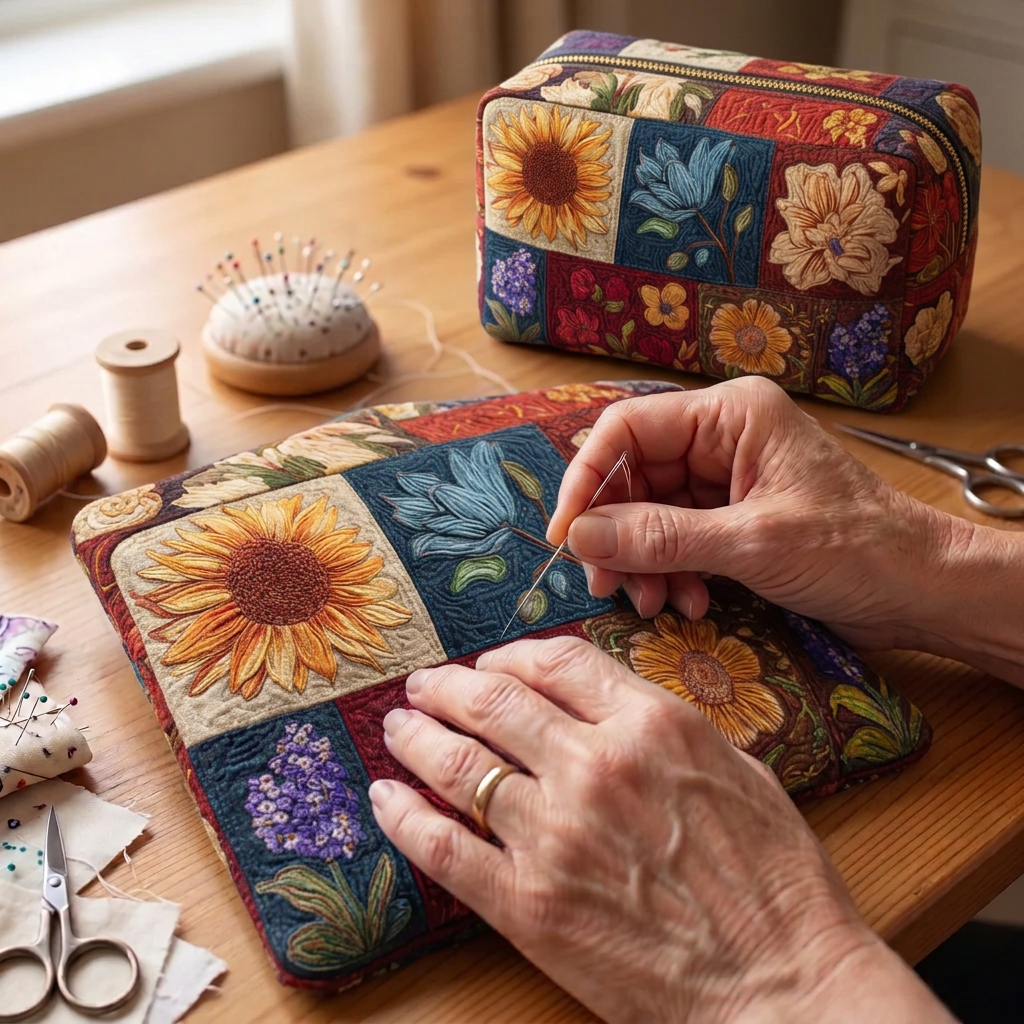 Gewatteerde stof met het motief Bloemenpatchwork wordt gestikt