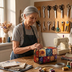 Lien van Maison Bruges met de gewatteerde make-uptas Bloemenpatchwork