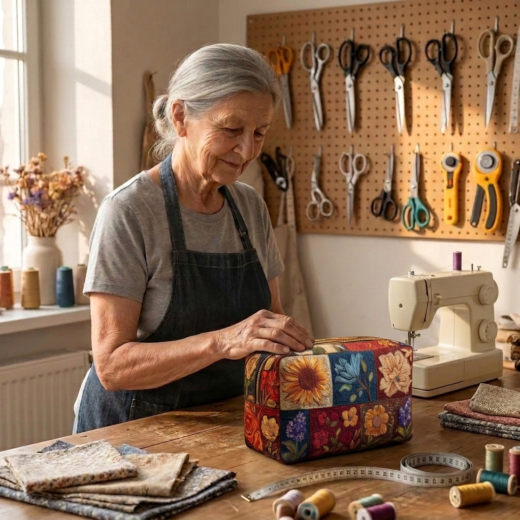 Lien van Maison Bruges met de gewatteerde make-uptas Bloemenpatchwork