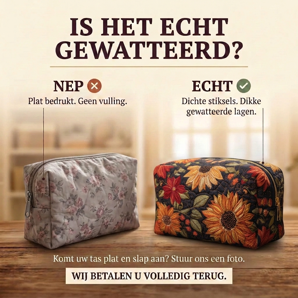 Gewatteerde make-uptas Bloemenschoonheid: echt gewatteerd tegenover plat bedrukt