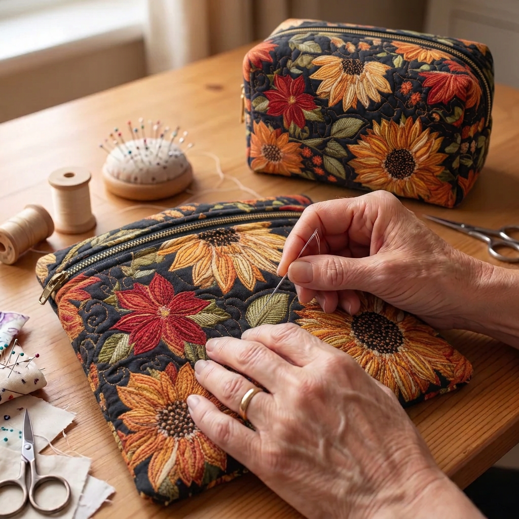 Gewatteerde stof met het motief Bloemenschoonheid wordt gestikt