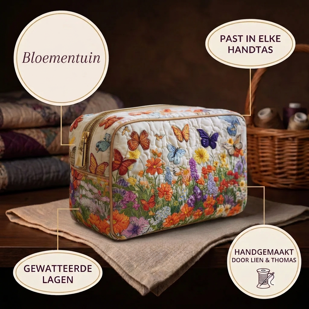 Trousse de maquillage matelassée Jardin Fleuri en détail : tient dans tous les sacs, matelassée