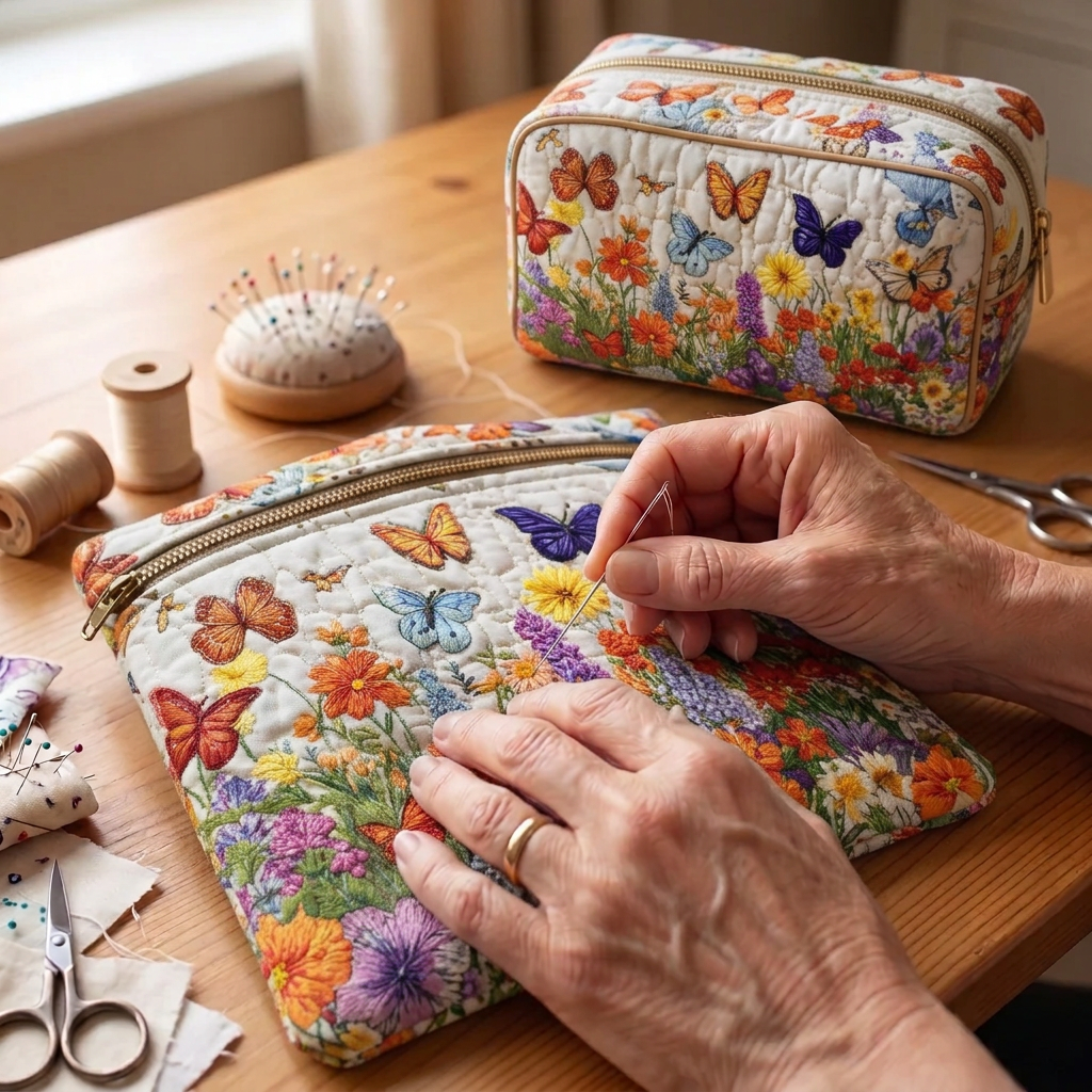 Tissu matelassé au motif Jardin Fleuri en cours de couture