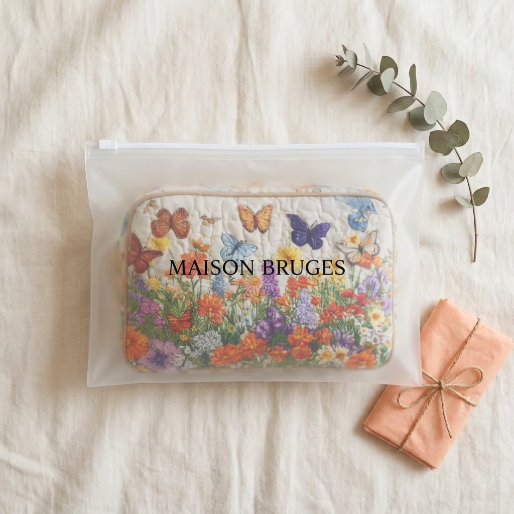 Trousse de maquillage matelassée Jardin Fleuri emballée dans une pochette Maison Bruges