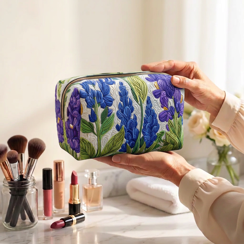 Trousse de maquillage matelassée Fleur de Lumière tenue en main près de la coiffeuse