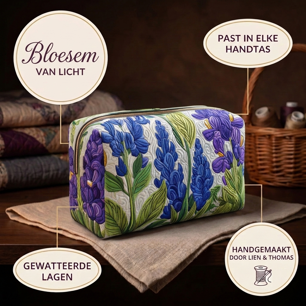 Trousse de maquillage matelassée Fleur de Lumière en détail : tient dans tous les sacs, matelassée