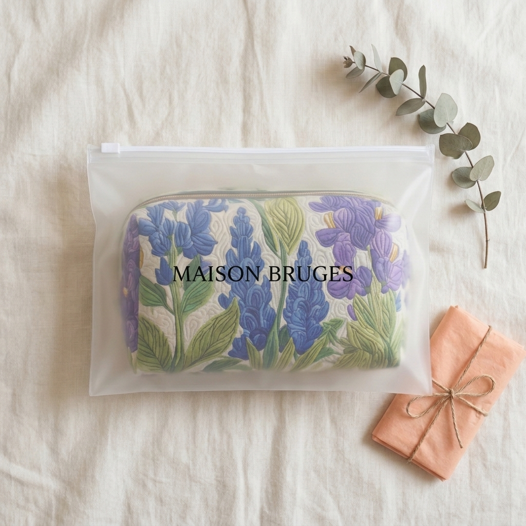 Trousse de maquillage matelassée Fleur de Lumière emballée dans une pochette Maison Bruges