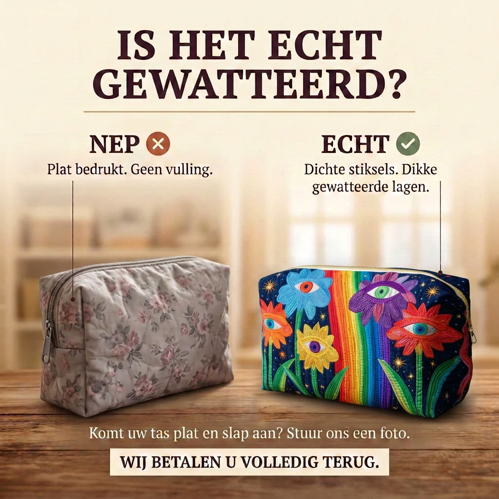 Gewatteerde make-uptas Boho-paddenstoel: echt gewatteerd tegenover plat bedrukt