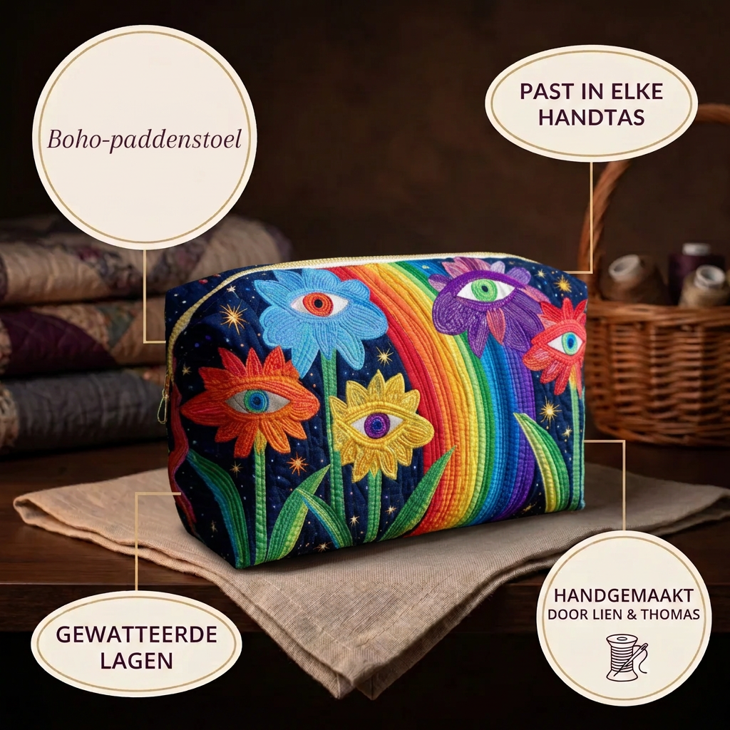 Gewatteerde make-uptas Boho-paddenstoel in detail: past in elke handtas, gewatteerd