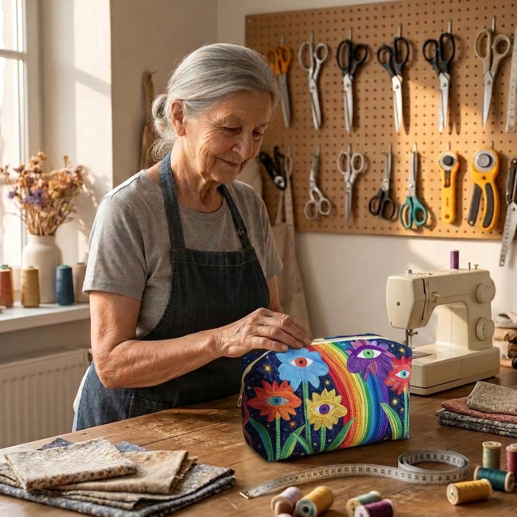 Lien van Maison Bruges met de gewatteerde make-uptas Boho-paddenstoel