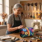 Lien van Maison Bruges met de gewatteerde make-uptas Boho-paddenstoel