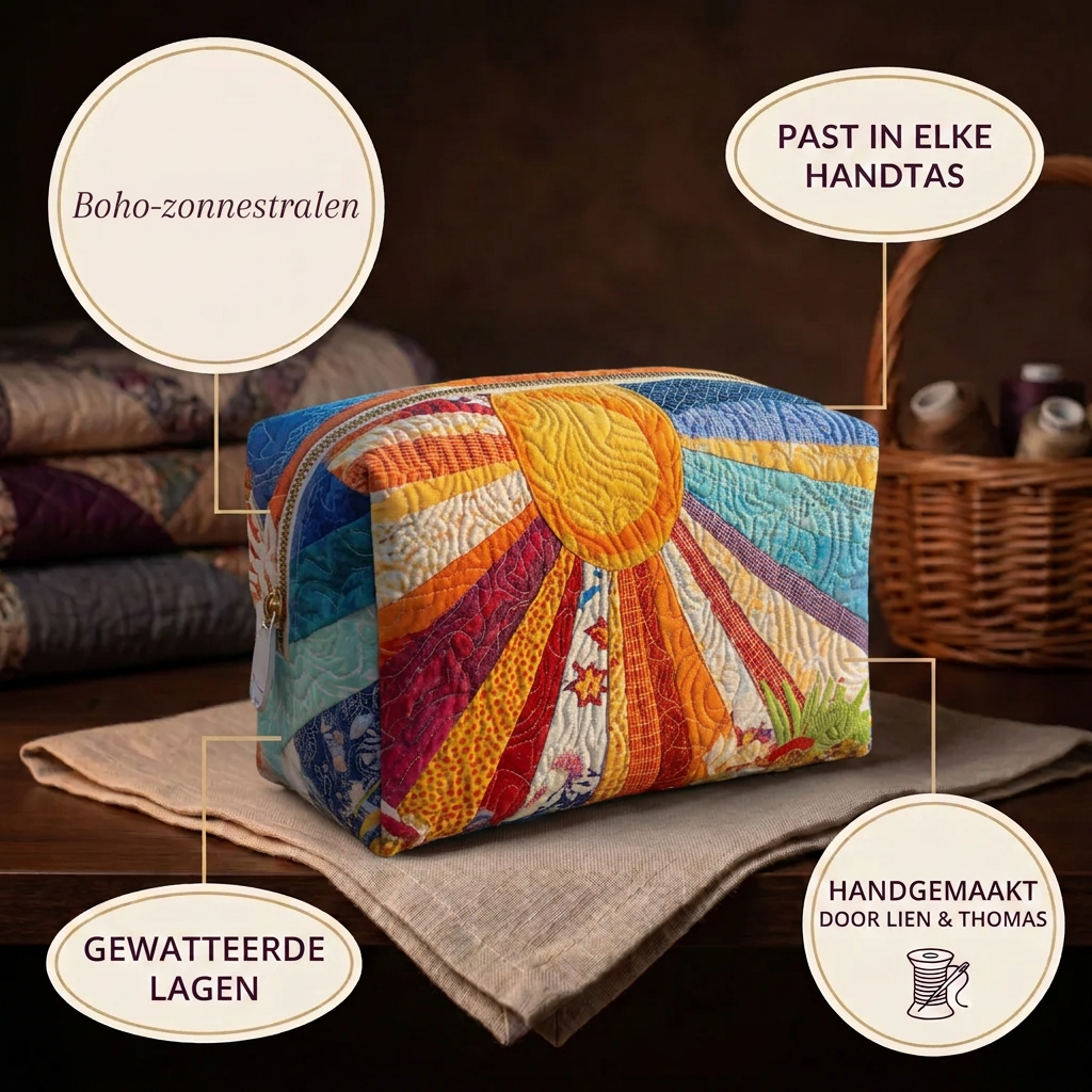 Gewatteerde make-uptas Boho-zonnestralen in detail: past in elke handtas, gewatteerd