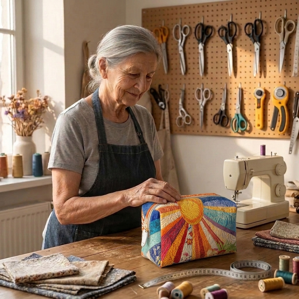 Lien van Maison Bruges met de gewatteerde make-uptas Boho-zonnestralen