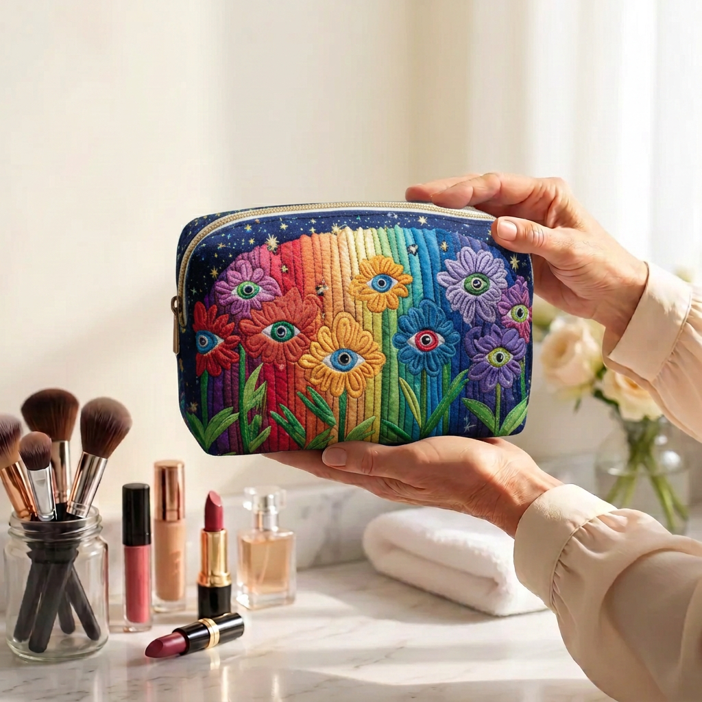 Trousse de maquillage matelassée Rythme de la Forêt tenue en main près de la coiffeuse