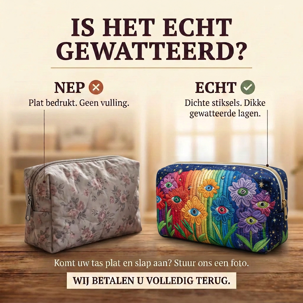 Gewatteerde make-uptas Bosritme: echt gewatteerd tegenover plat bedrukt