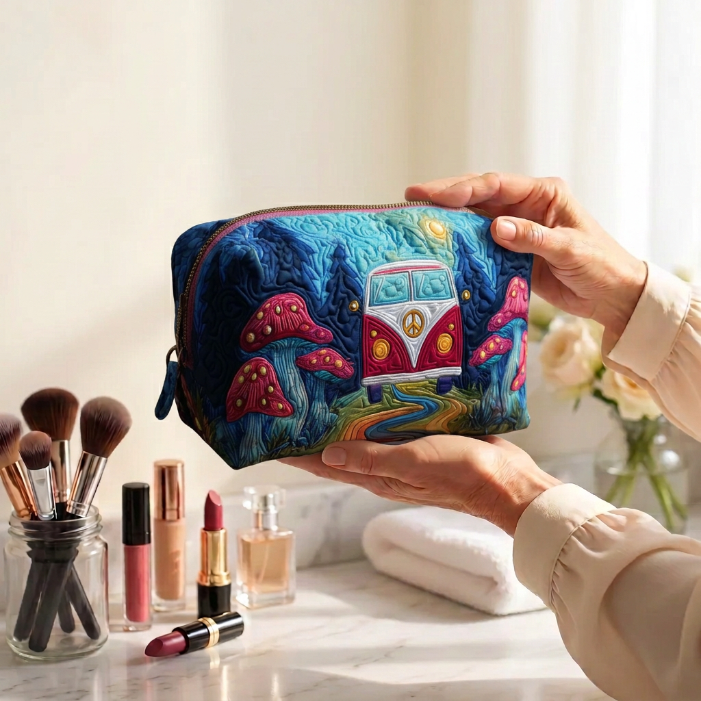 Trousse de maquillage matelassée Van au Clair de Lune tenue en main près de la coiffeuse