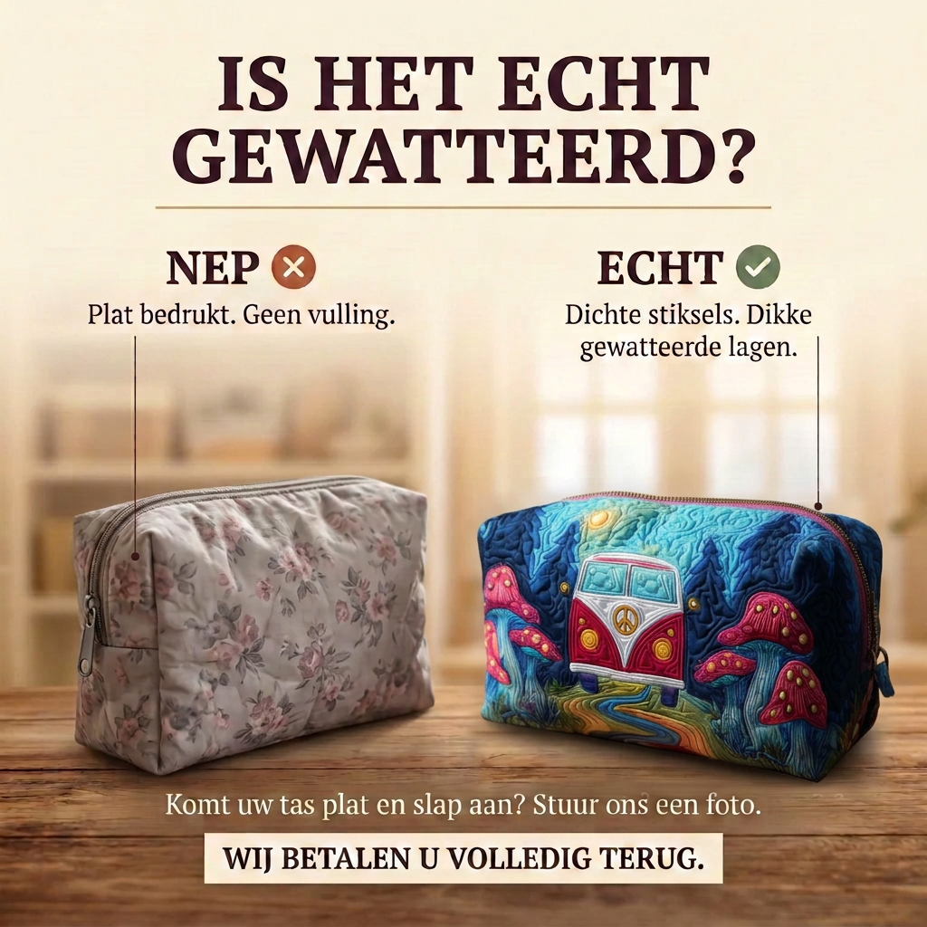 Gewatteerde make-uptas Busje bij Maanlicht: echt gewatteerd tegenover plat bedrukt