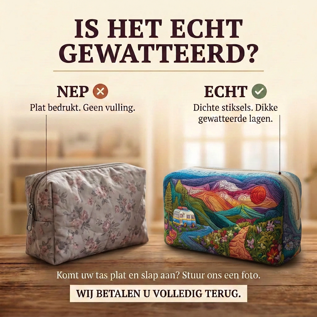 Gewatteerde make-uptas Busje in de Bergen: echt gewatteerd tegenover plat bedrukt