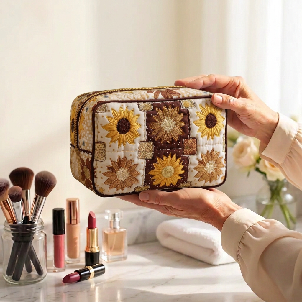Trousse de maquillage matelassée Soleil du Quotidien tenue en main près de la coiffeuse