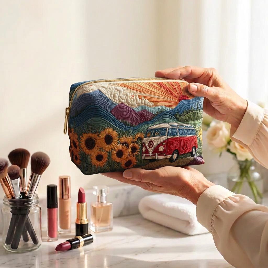 Trousse de maquillage matelassée Balade Nature de Rêve tenue en main près de la coiffeuse