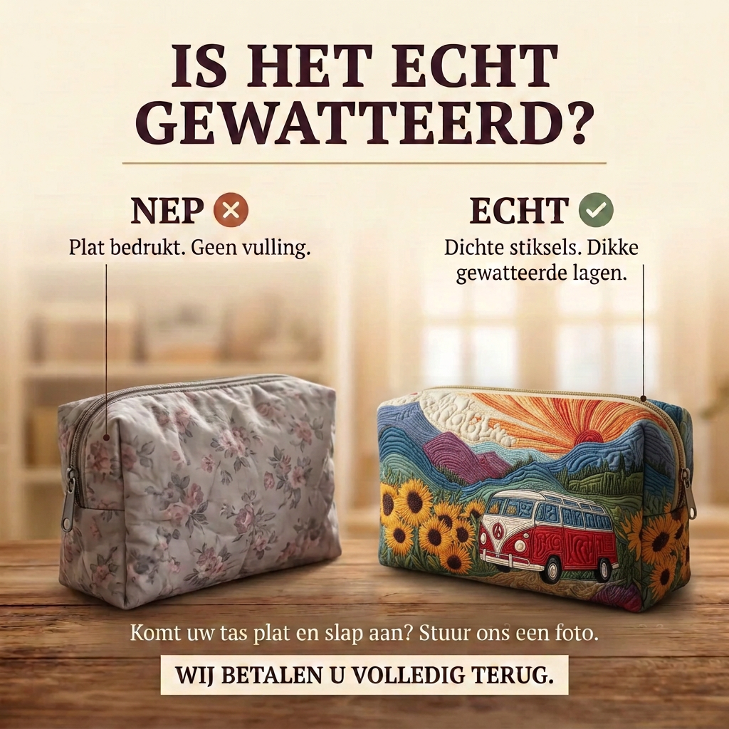 Gewatteerde make-uptas Droomrit door de Natuur: echt gewatteerd tegenover plat bedrukt