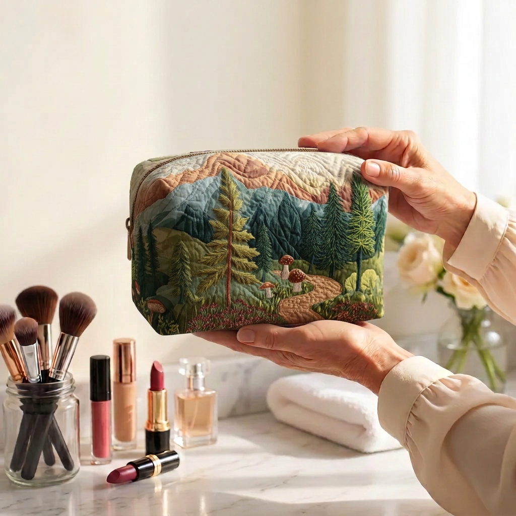 Trousse de maquillage matelassée Forêt Éternelle tenue en main près de la coiffeuse