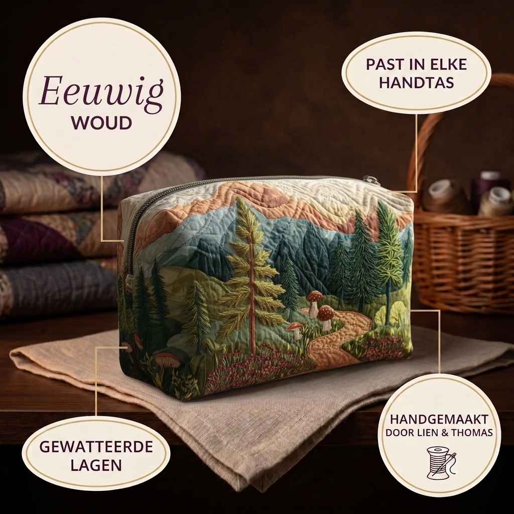 Trousse de maquillage matelassée Forêt Éternelle en détail : tient dans tous les sacs, matelassée