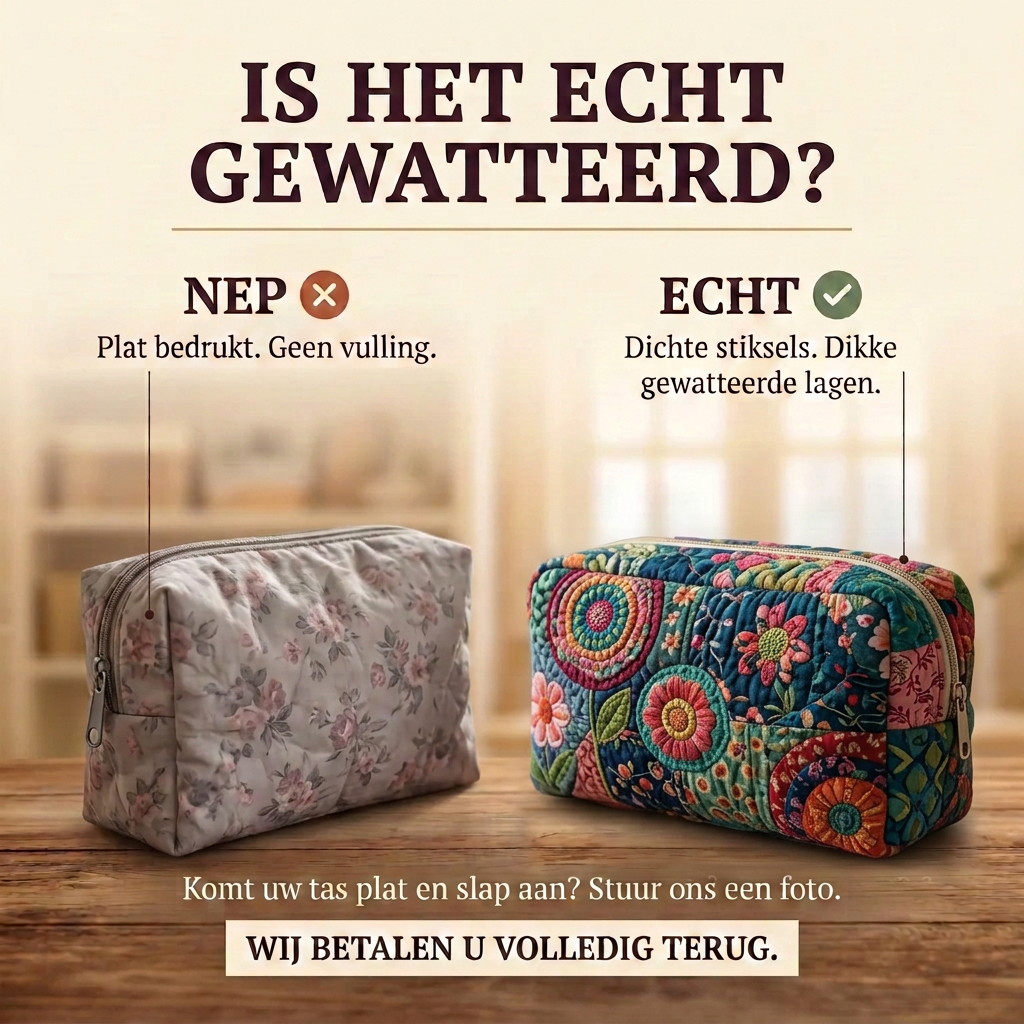 Gewatteerde make-uptas Fladdervlucht: echt gewatteerd tegenover plat bedrukt