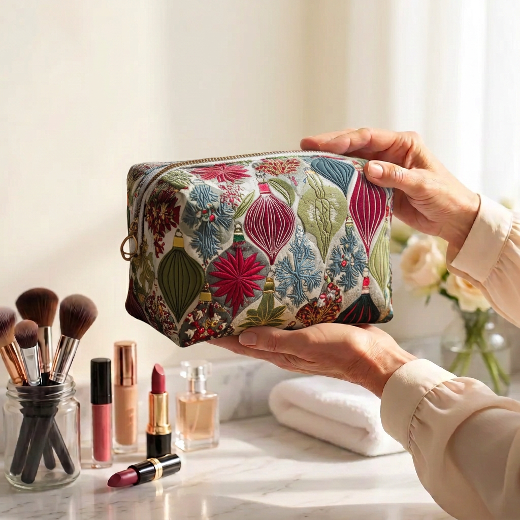 Trousse de maquillage matelassée Ornement Scintillant tenue en main près de la coiffeuse