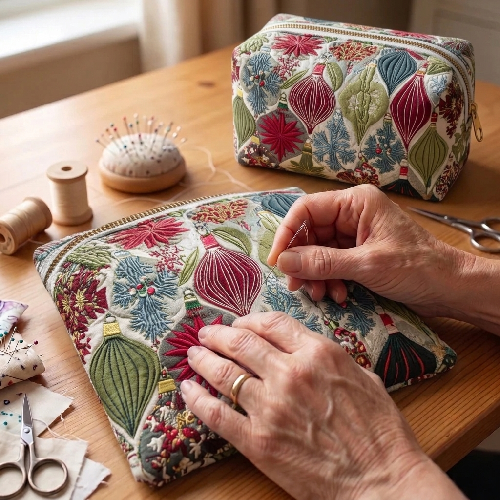 Tissu matelassé au motif Ornement Scintillant en cours de couture