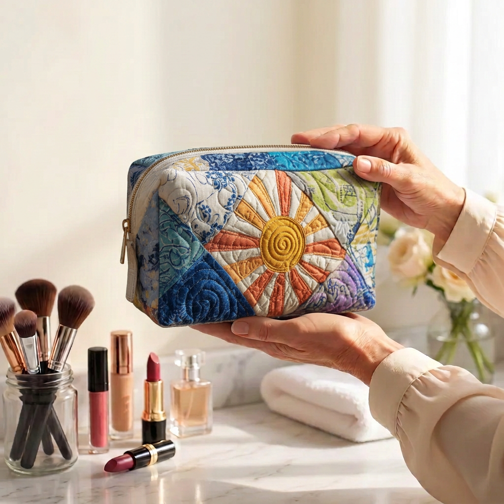 Trousse de maquillage matelassée Esprit de la Terre tenue en main près de la coiffeuse