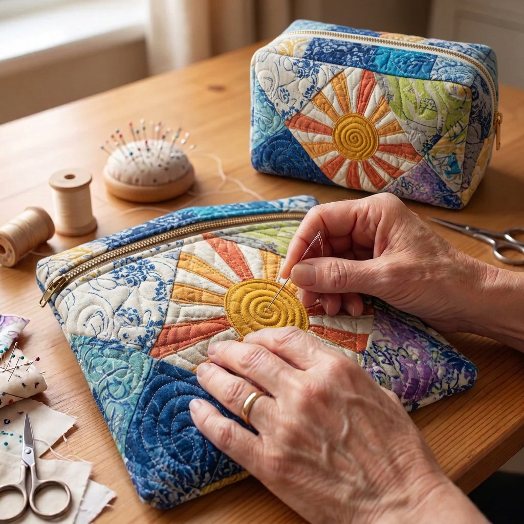 Tissu matelassé au motif Esprit de la Terre en cours de couture