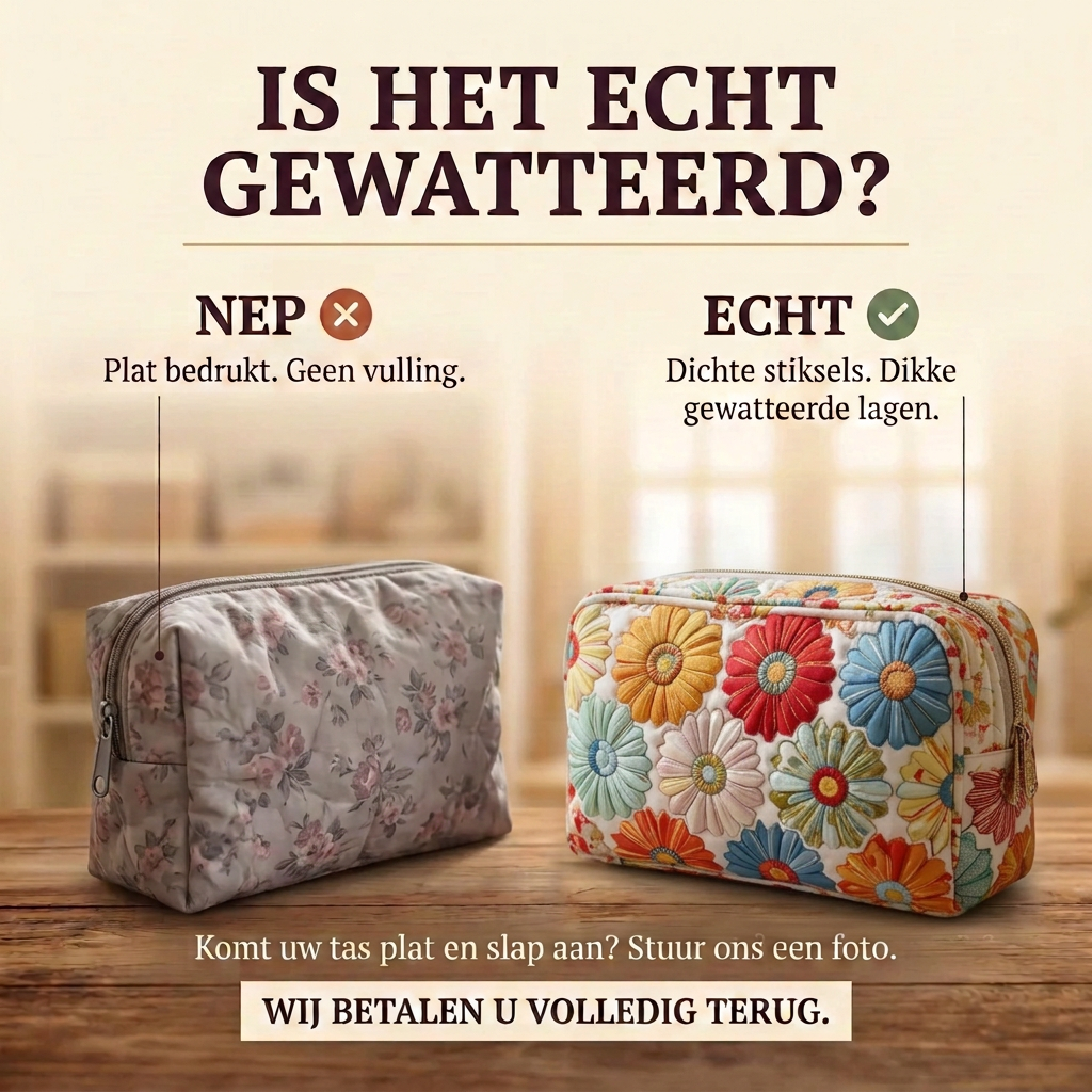 Gewatteerde make-uptas Glanzende Bloemblaadjes: echt gewatteerd tegenover plat bedrukt