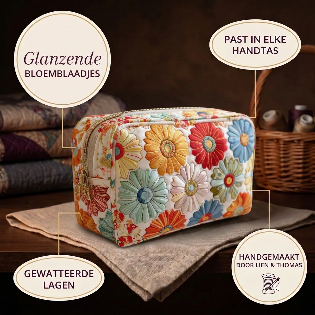 Gewatteerde make-uptas Glanzende Bloemblaadjes in detail: past in elke handtas, gewatteerd