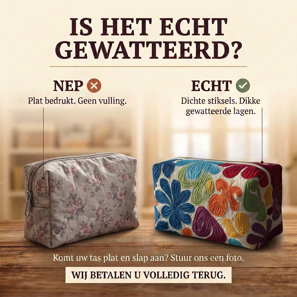 Gewatteerde make-uptas Gloed van Harmonie: echt gewatteerd tegenover plat bedrukt