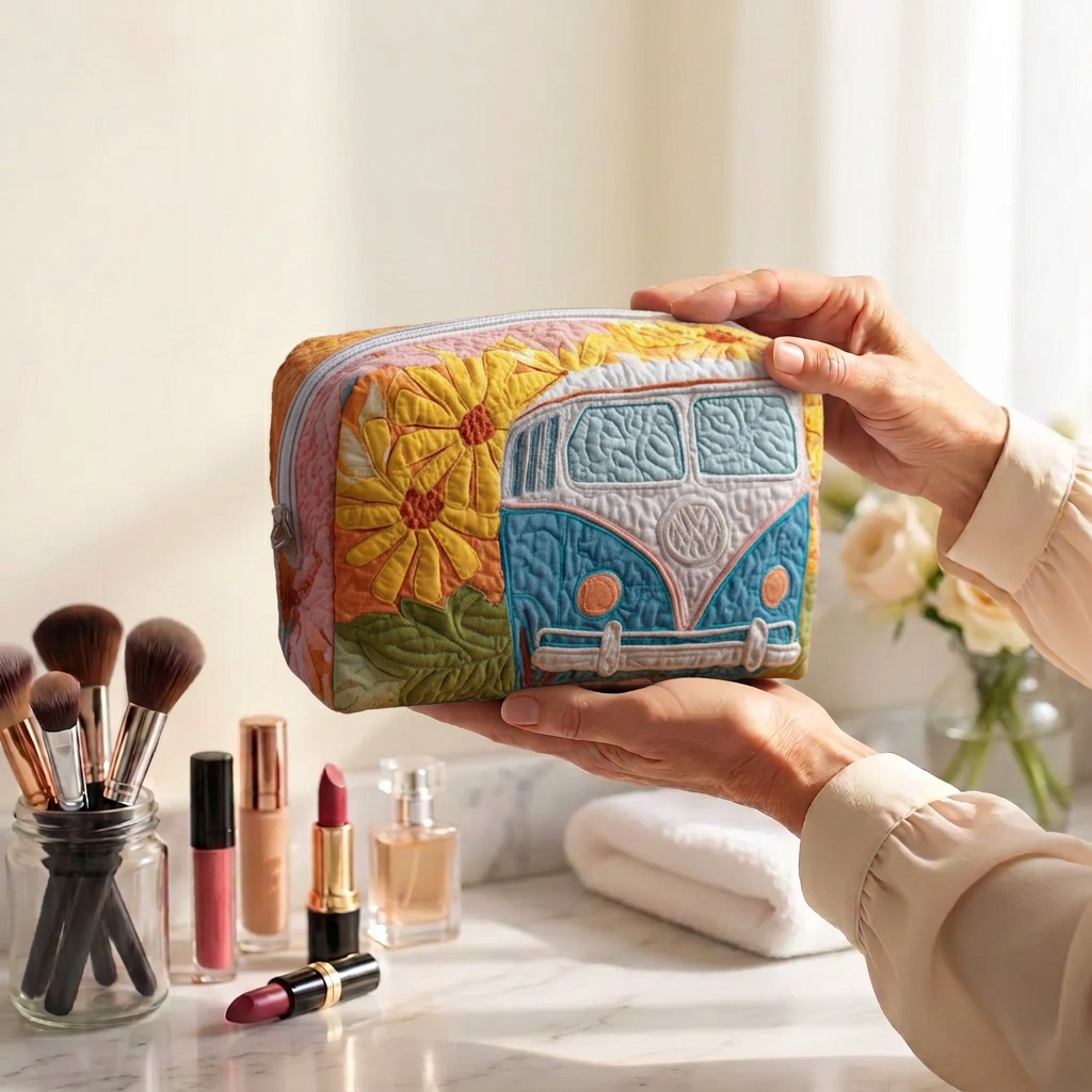 Trousse de maquillage matelassée Van Horizon Doré tenue en main près de la coiffeuse