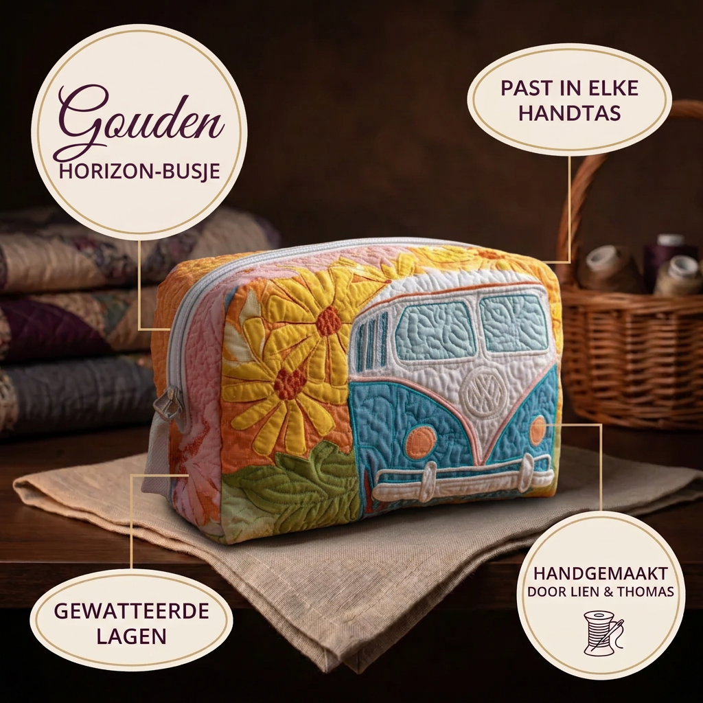 Trousse de maquillage matelassée Van Horizon Doré en détail : tient dans tous les sacs, matelassée