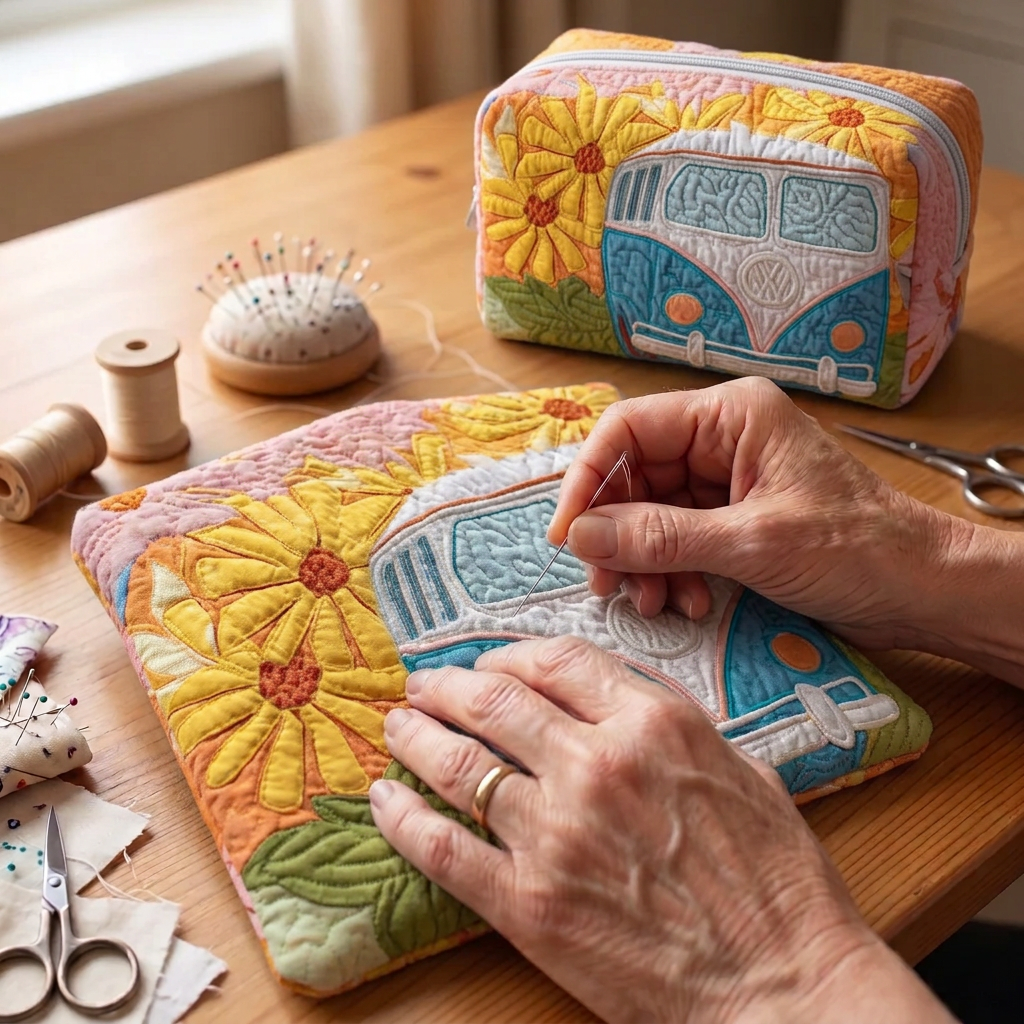 Tissu matelassé au motif Van Horizon Doré en cours de couture